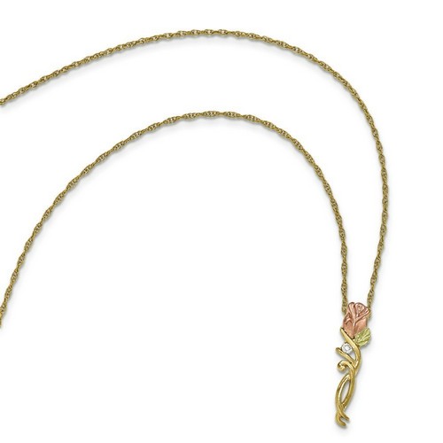 10K Tri-Color Gold Black Hills Gold Diamond Rose Necklace 18 Inches