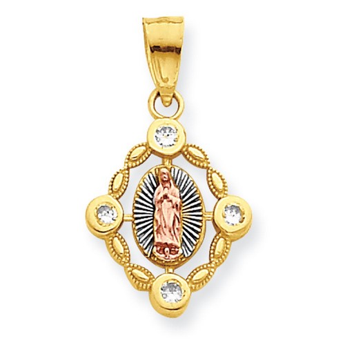 10k Tri-Tone Yellow Gold Our Lady of Guadalupe Pendant with CZ Stones 20x11mm