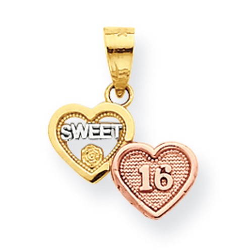 10k Two-Tone Yellow And Rose Gold Sweet 16 Twin Hearts Pendant 15x13mm  0.74gr