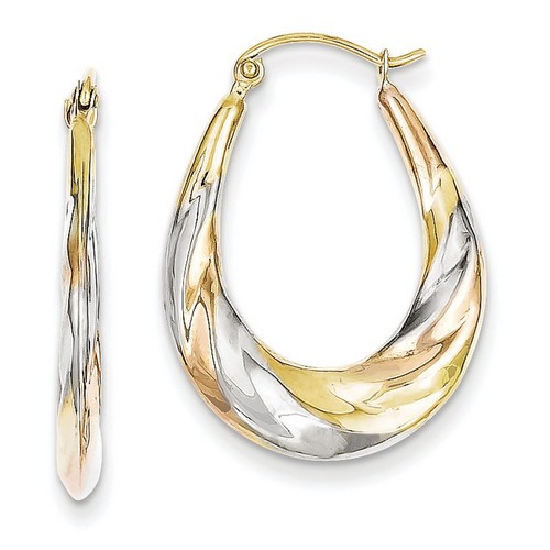 10k Multi-Tone Gold Rose Oval Scalloped Hollow Hoop Earrings 27x20 mm 0.98gr