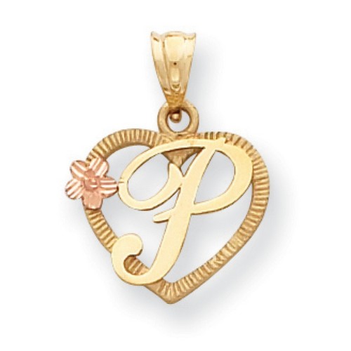 14k Yellow Gold Letter P Initial With Rose Gold Flower Heart Pendant 22x16mm