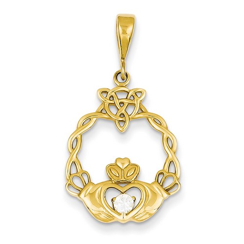 14k Yellow Gold CZ Claddagh Pendant 22x19 mm 2 gr