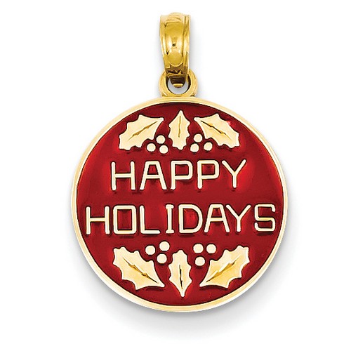 14k Yellow Gold Enameled Happy Holidays Pendant 16x15 mm 1.63 gr *** Made in USA