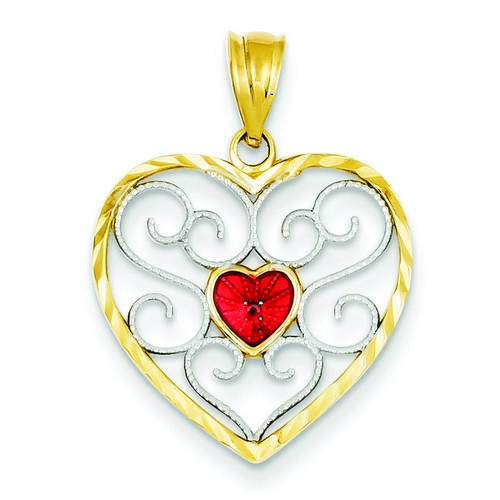 14k Yellow Gold Red Enameled Heart Filigree Pendant 19x20 mm 0.94 gr Made in USA