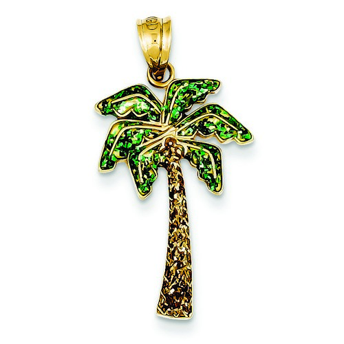 14k Yellow Gold Large Enameled Palm Tree Pendant 25x17 mm 1.75 gr ** Made in USA