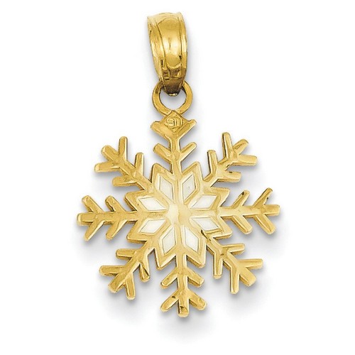 14k Yellow Gold 3-D White Enameled Snowflake Pendant 15x14 mm 1.1 gr Made in USA