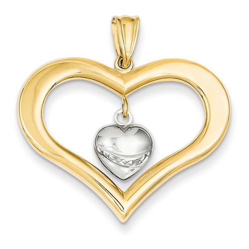 14k Two-tone Gold Diamond Cut Heart Pendant 24x30 mm 1.7 gr