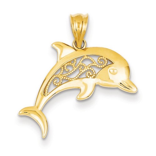 14k Yellow Gold Filigree Dolphin Pendant 15x22 mm 1 gr *** Made in USA