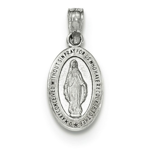 14k White Gold Mini Oval Miraculous Medal Of The Our Lady Of Graces With Words Pendant