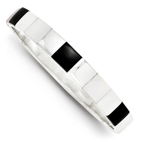 10mm Onyx and Mother of Pearl Hinged Bangle in 925 Sterling Silver