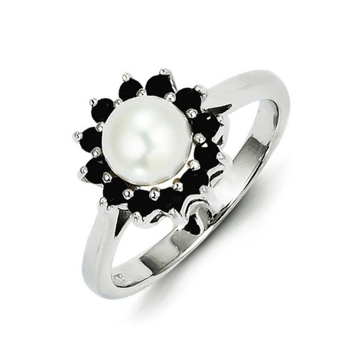 6mm FW Cult Button Pearl and Sapphire Ring in 925 Sterling Silver