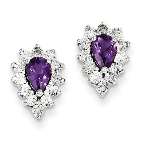 Amethyst & Diamond Pear Cut Earrings in 925 Sterling Silver 12x8mm 2.74gr