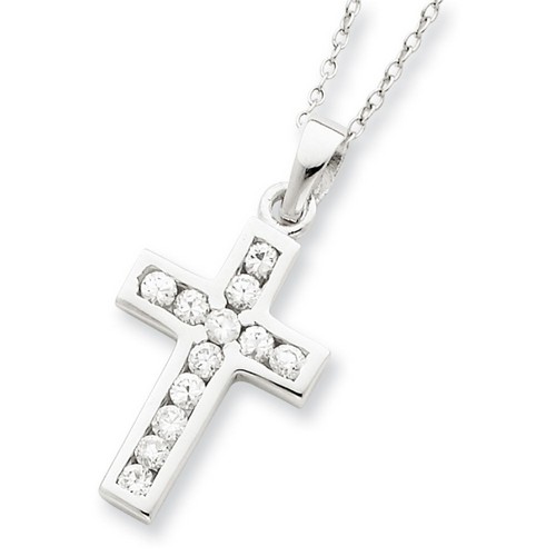CZ Cross on 16 Box Chain Necklace in 925 Sterling Silver