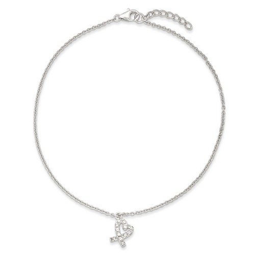 10 Inch CZ Pretzel Heart Anklet With 1 Inch Extension In 925 Sterling Silver