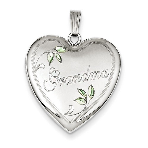 Grandma Word And Green Flower Petals On Heart Shaped Locket Pendant In 925 Sterling Silver 30 mm x 24 mm