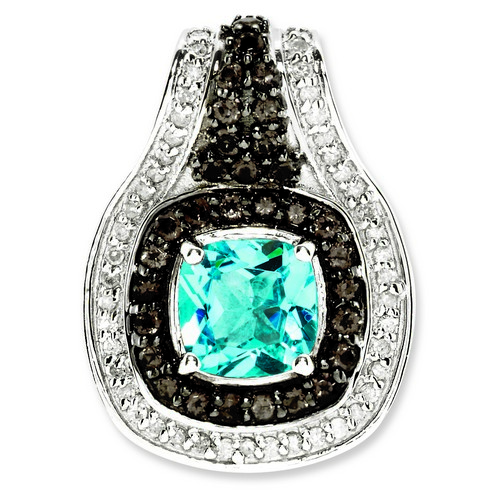 Blue Topaz & Smoky Quartz & Diamond Pendant 23x16mm 2.9gr Sterling Silver 1.6ct