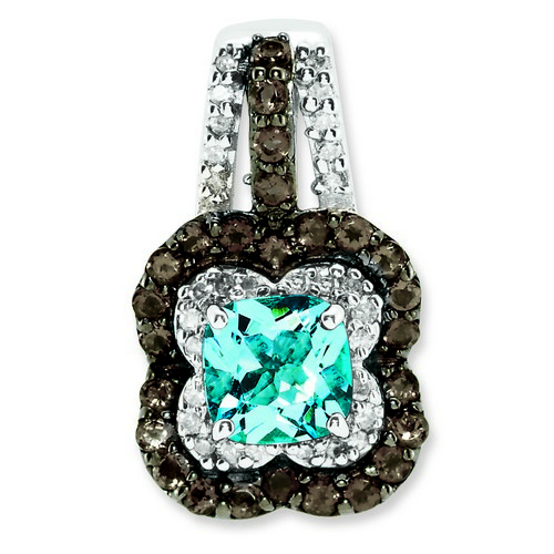 Blue Topaz & Smoky Quartz & Diamond Pendant 20x12mm 3.75gr Sterling Silver 1.1ct