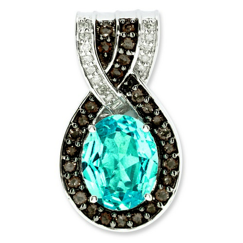 Blue Topaz & Smoky Quartz & Diamond Pendant 22x12mm 4gr Sterling Silver 3.25ct