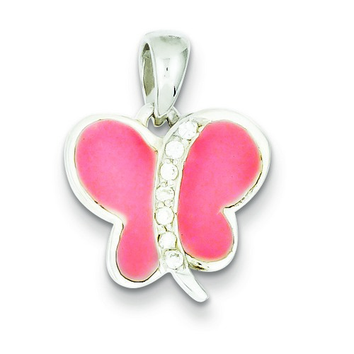 CZ and Pink Enameled Butterfly Pendant in 925 Sterling Silver