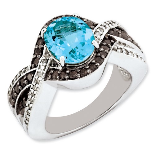 Blue Topaz Smoky Quartz Diamond Oval Ring 925 Silver 9x7mm 6.34gr 3.25ct