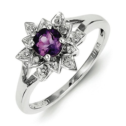 Amethyst & Diamond Round Ring 925 Sterling Silver 10x10mm 2.49gr 0.47ct