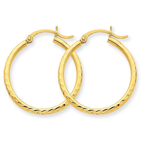 2mm Patterned Diamond-Cut Textured Hoop Earrings in Real 14k Yellow Gold 25 mm