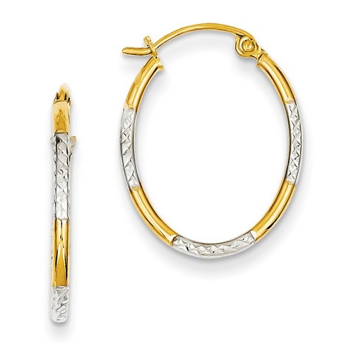 1.5mm Satin and Polished Diamond-Cut Oval or Round Hoop Earrings in Real 14k Two-Tone Gold 20 x 16 mm