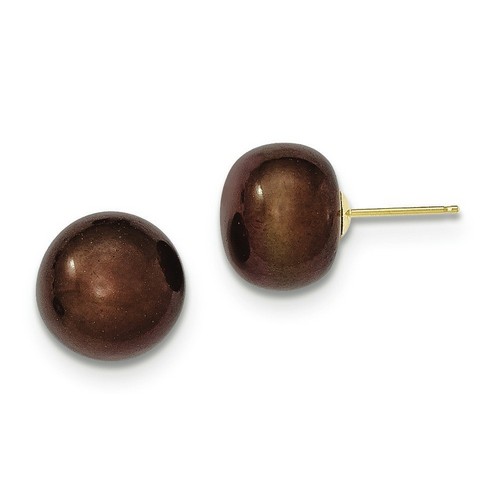 11-12mm Coffee Button FW Pearl Stud Earrings in Genuine 14k Yellow Gold