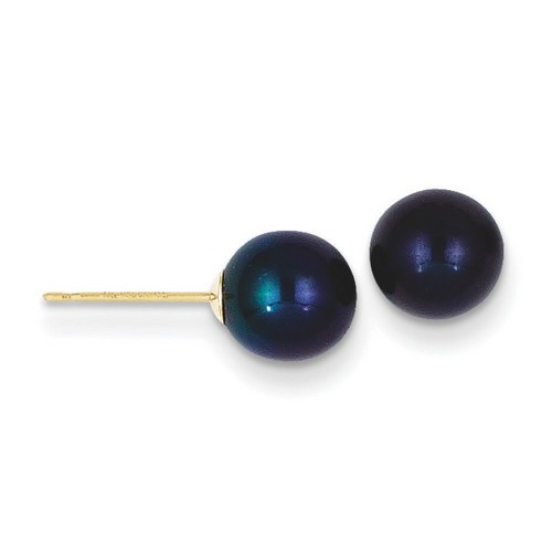 14k Yellow Gold 7-8mm Black Freshwater Pearl Stud Earrings 7x7 mm