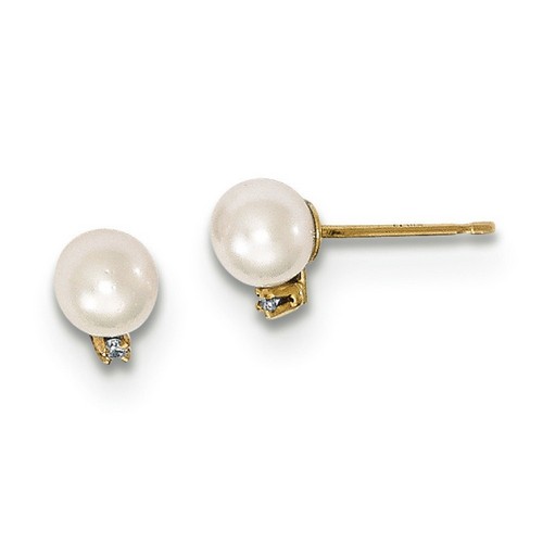 14k Yellow Gold 5-6mm White Saltwater Akoya Pearl Diamond Earrings 5x5 mm 0.72gr