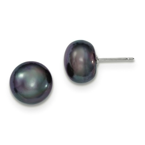 14k White Gold 10-11mm Black Button Freshwater Pearl Stud Earrings 10x10 mm