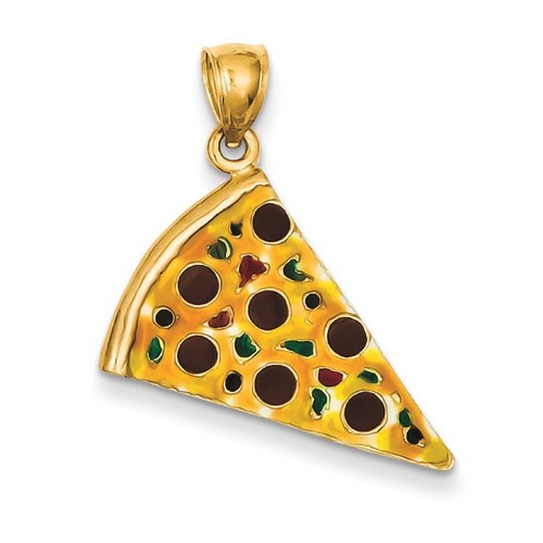 14k Yellow Gold Enameled Pepperoni Pizza Slice Pendant 24x17 mm 0 gr Made in USA