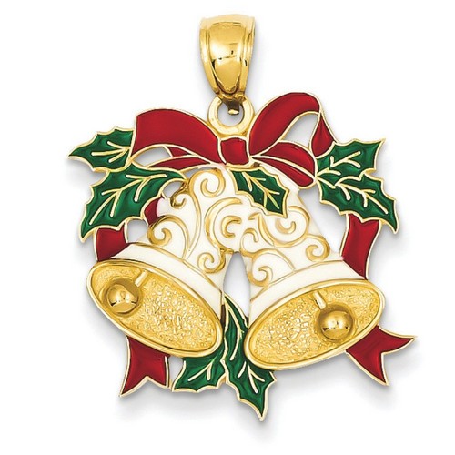 14k Yellow Gold Holiday Bells Holly Leaves Pendant 23x22 mm 0 gr *** Made in USA
