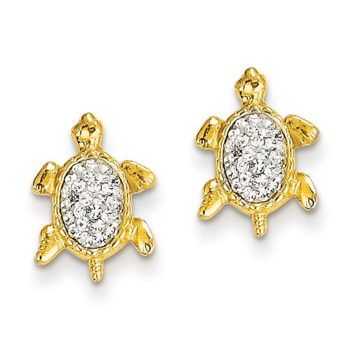 14k Yellow Gold White Crystal Turtle Post Earrings 12x9 mm
